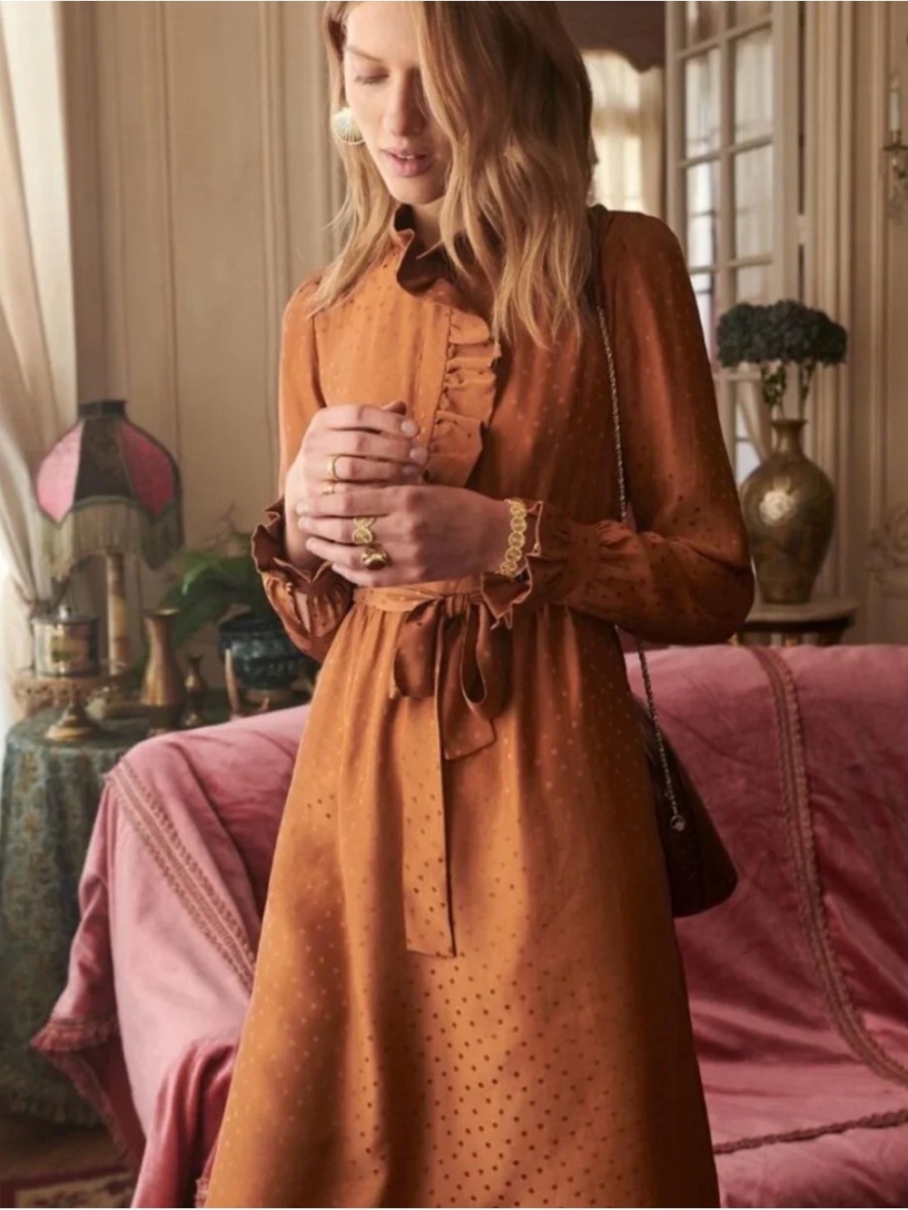 Sezane Rust Polka-Dot Silk Long Sleeve Dress size 38 (6, runs small)